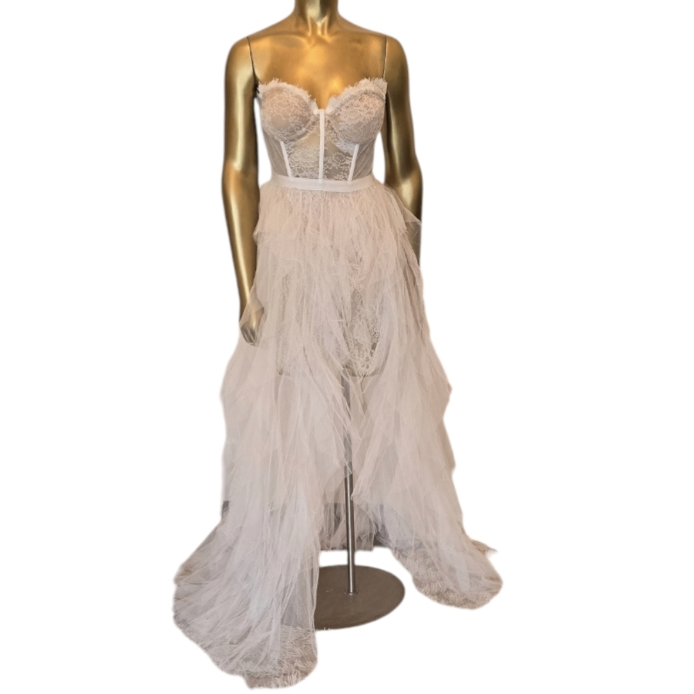 Luxxel Strapless Blush Pink Feather Tulle Gown
